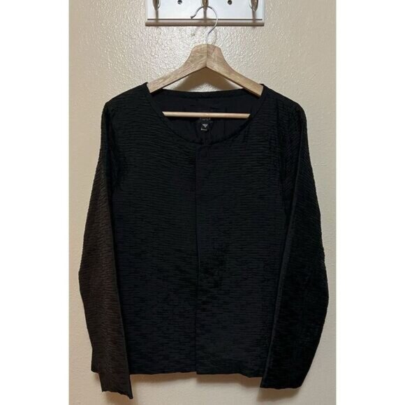EILEEN FISHER Open Jacket 100% Silk Black Crinkle Open Magnet Closure Women's S - Picture 2 of 16
